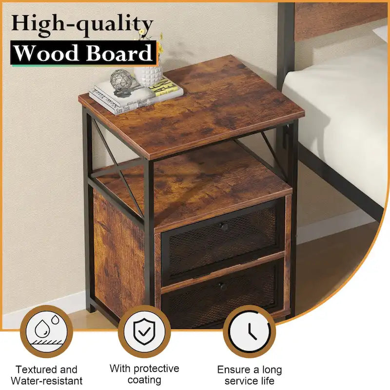 Table de chevet compacte avec 2 tiroirs à abattant et étagère de rangement