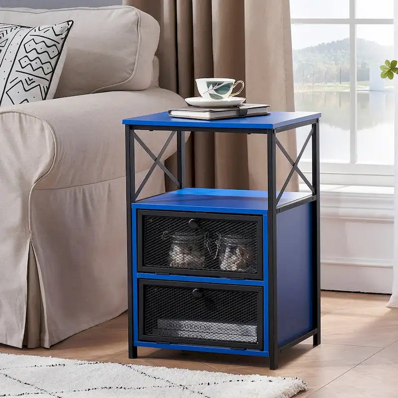 Table de chevet compacte avec 2 tiroirs à abattant et étagère de rangement