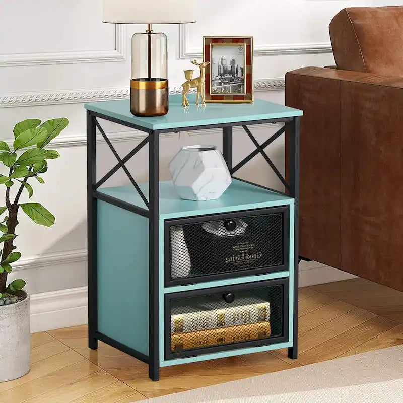 Table de chevet compacte avec 2 tiroirs à abattant et étagère de rangement