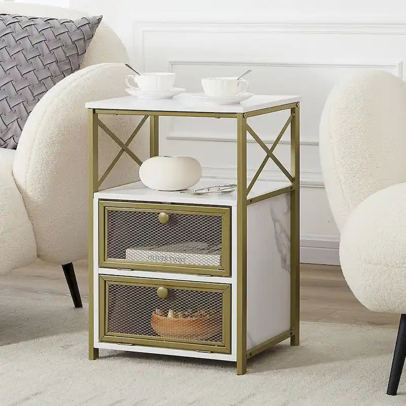 Table de chevet compacte avec 2 tiroirs à abattant et étagère de rangement