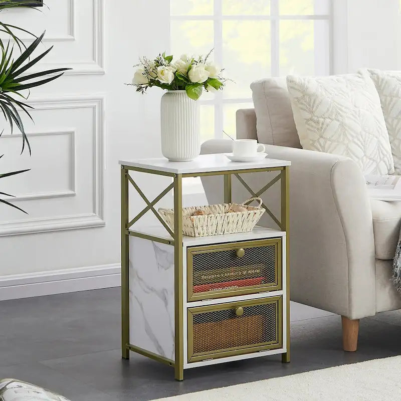 Table de chevet compacte avec 2 tiroirs à abattant et étagère de rangement