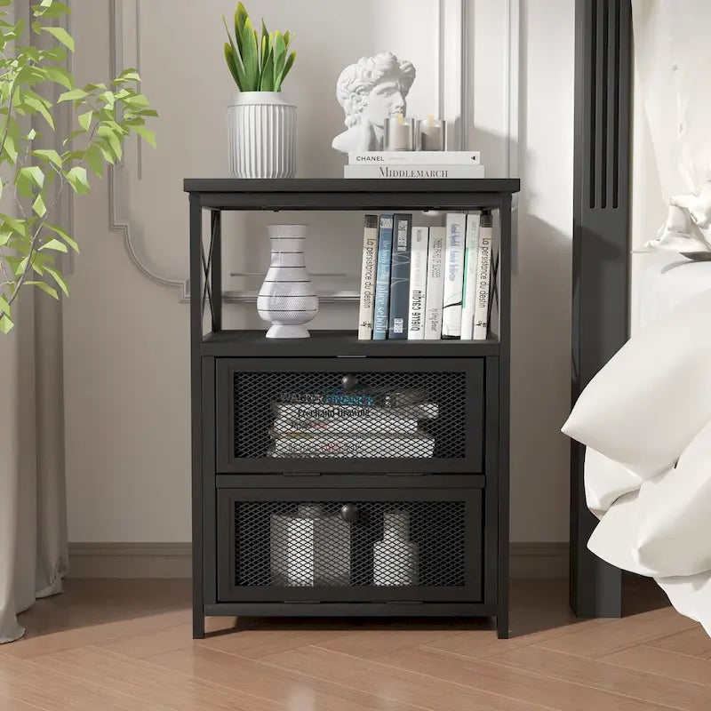 Table de chevet compacte avec 2 tiroirs à abattant et étagère de rangement