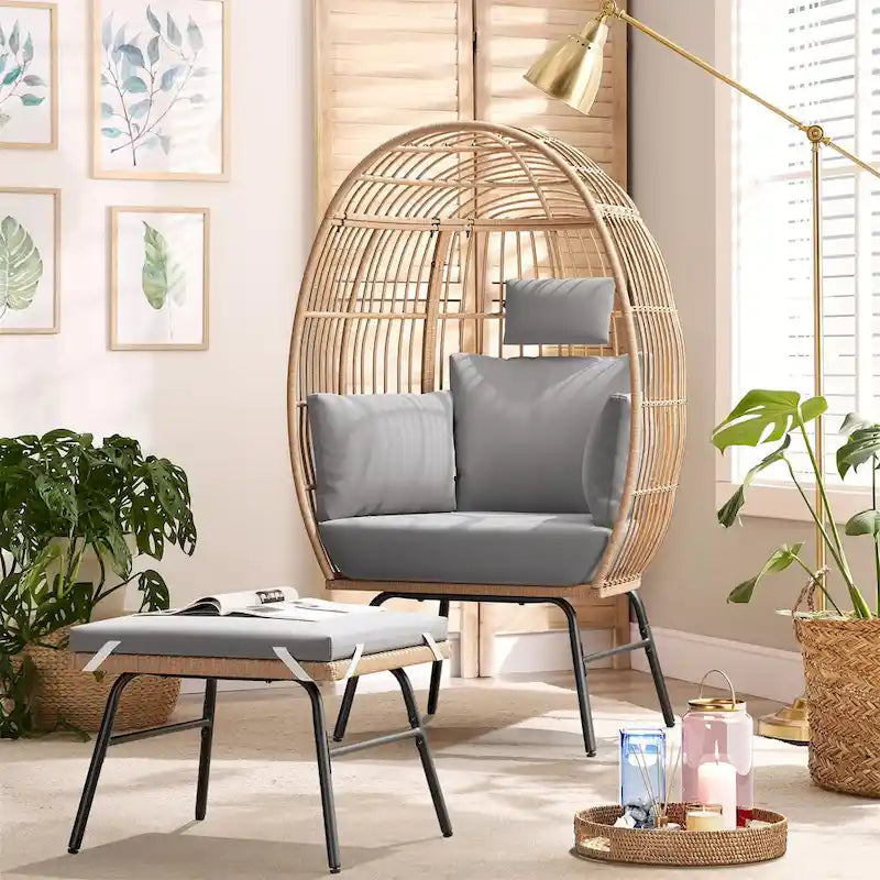 Fauteuil œuf en osier avec ottoman – Ensemble de patio d'extérieur 2 places
