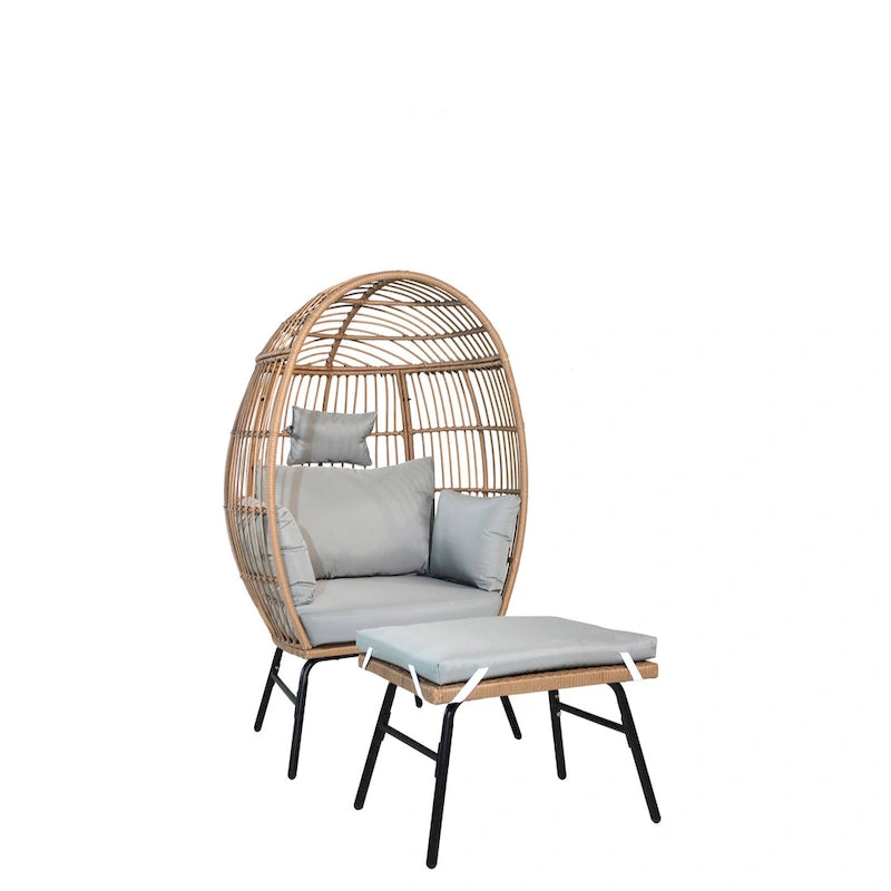 Fauteuil œuf en osier avec ottoman – Ensemble de patio d'extérieur 2 places