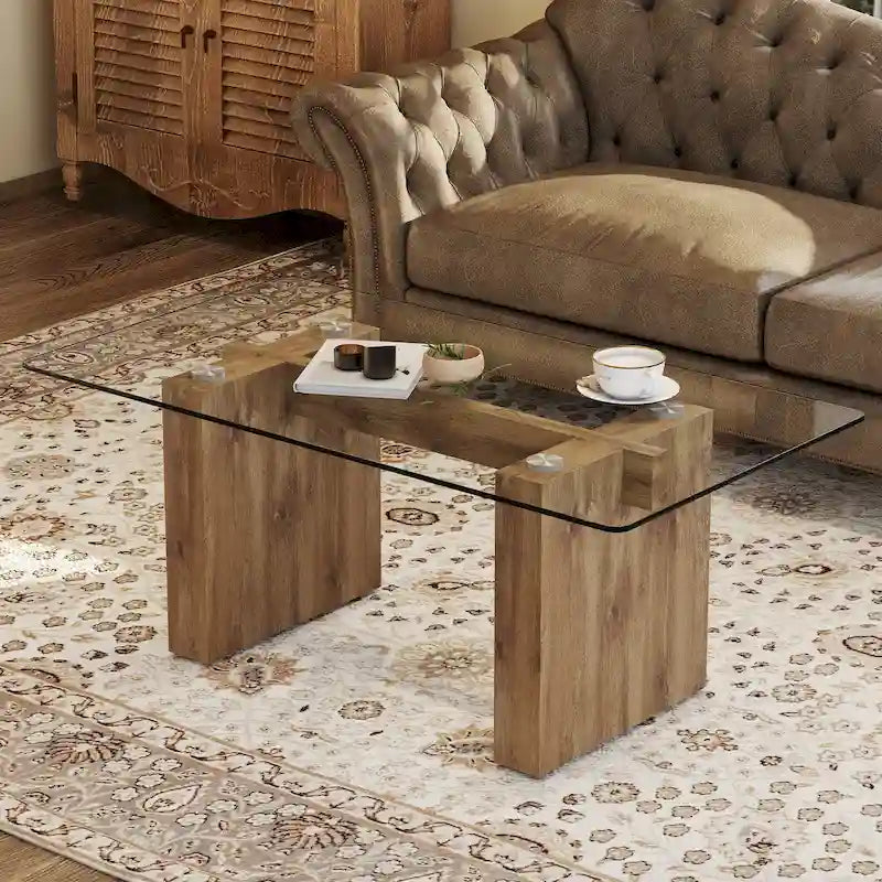 Table basse en verre trempé avec pieds colonnes en MDF