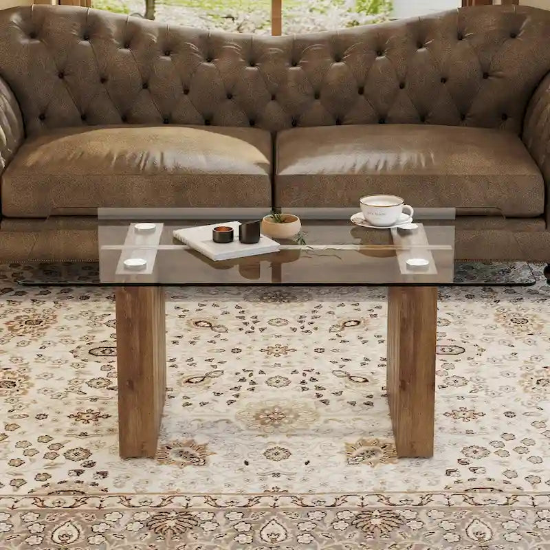 Table basse en verre trempé avec pieds colonnes en MDF