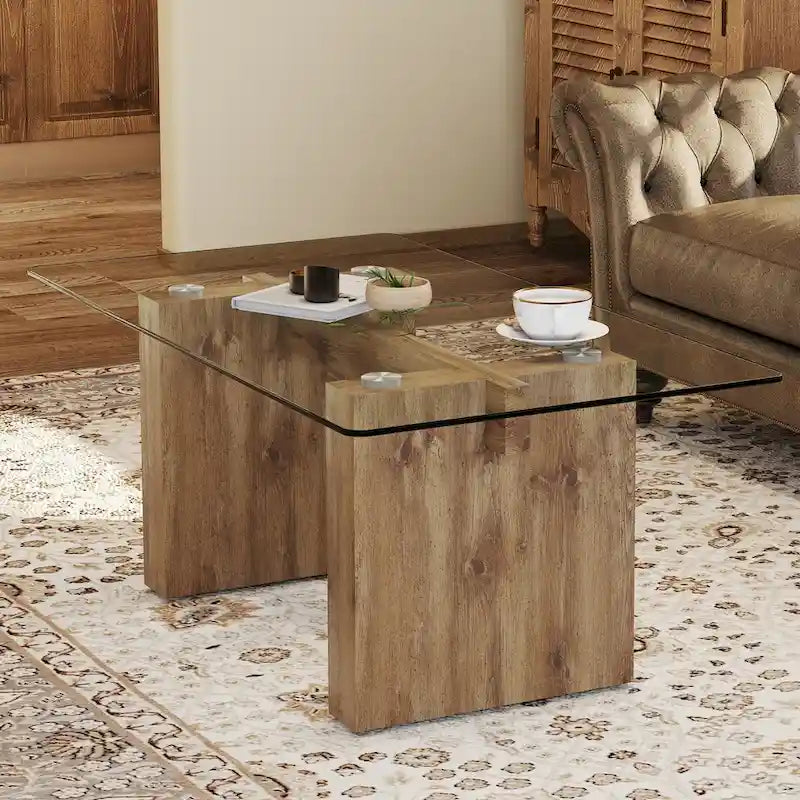Table basse en verre trempé avec pieds colonnes en MDF