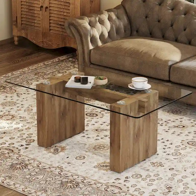 Table basse en verre trempé avec pieds colonnes en MDF