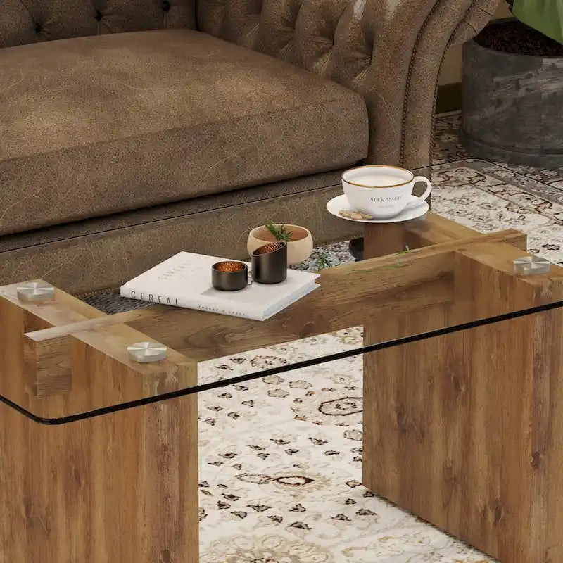 Table basse en verre trempé avec pieds colonnes en MDF
