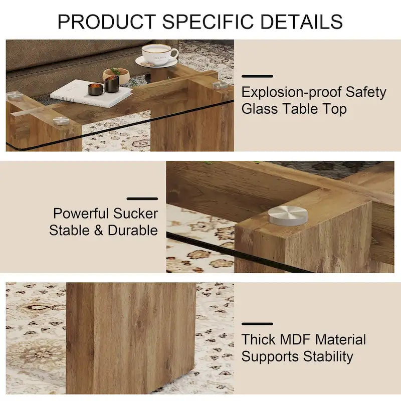 Table basse en verre trempé avec pieds colonnes en MDF