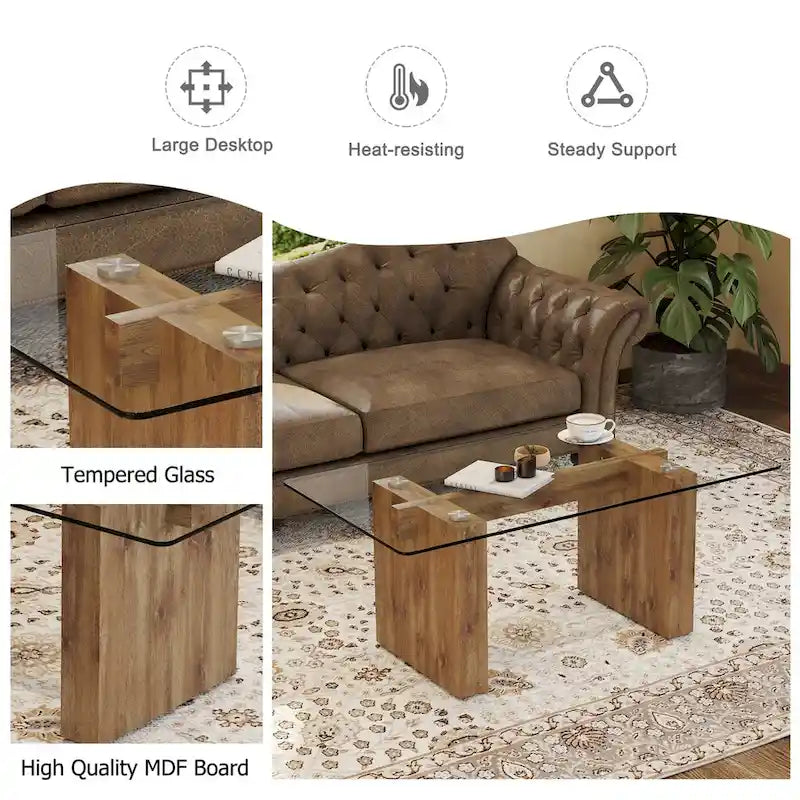 Table basse en verre trempé avec pieds colonnes en MDF