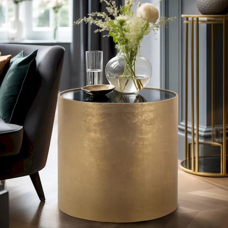 Table basse et table d'appoint rondes en verre et en bois "Modern Glam"