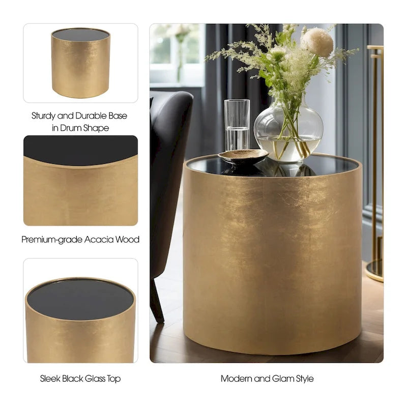 Table basse et table d'appoint rondes en verre et en bois "Modern Glam"