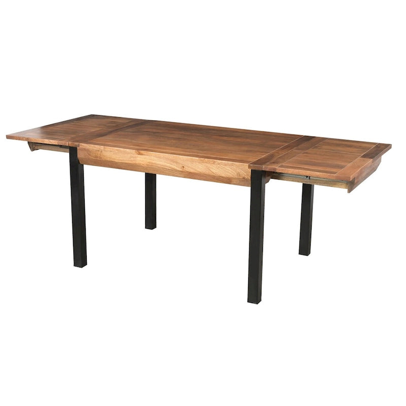 Table à manger rectangulaire extensible avec plateau en bois de manguier et pieds en fer noir