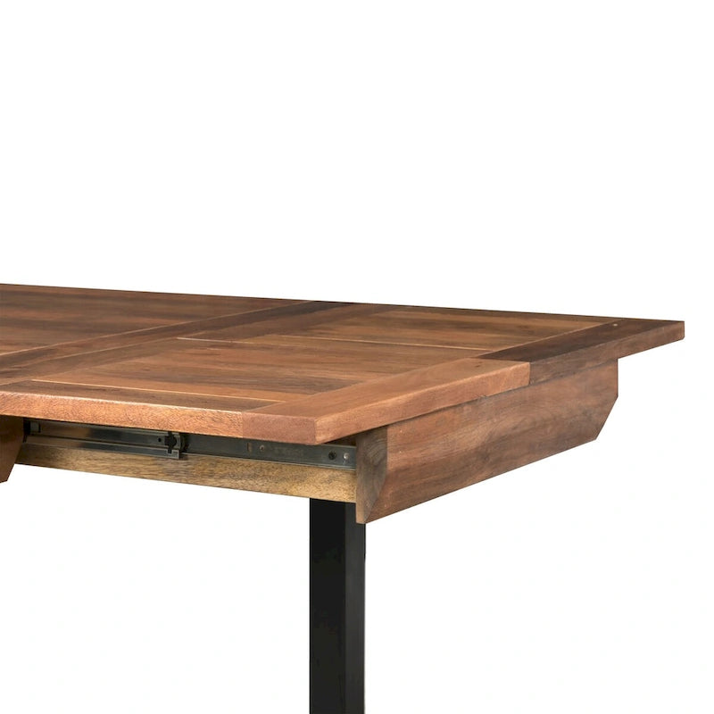 Table à manger rectangulaire extensible avec plateau en bois de manguier et pieds en fer noir