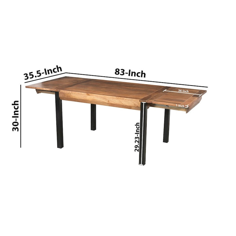 Table à manger rectangulaire extensible avec plateau en bois de manguier et pieds en fer noir
