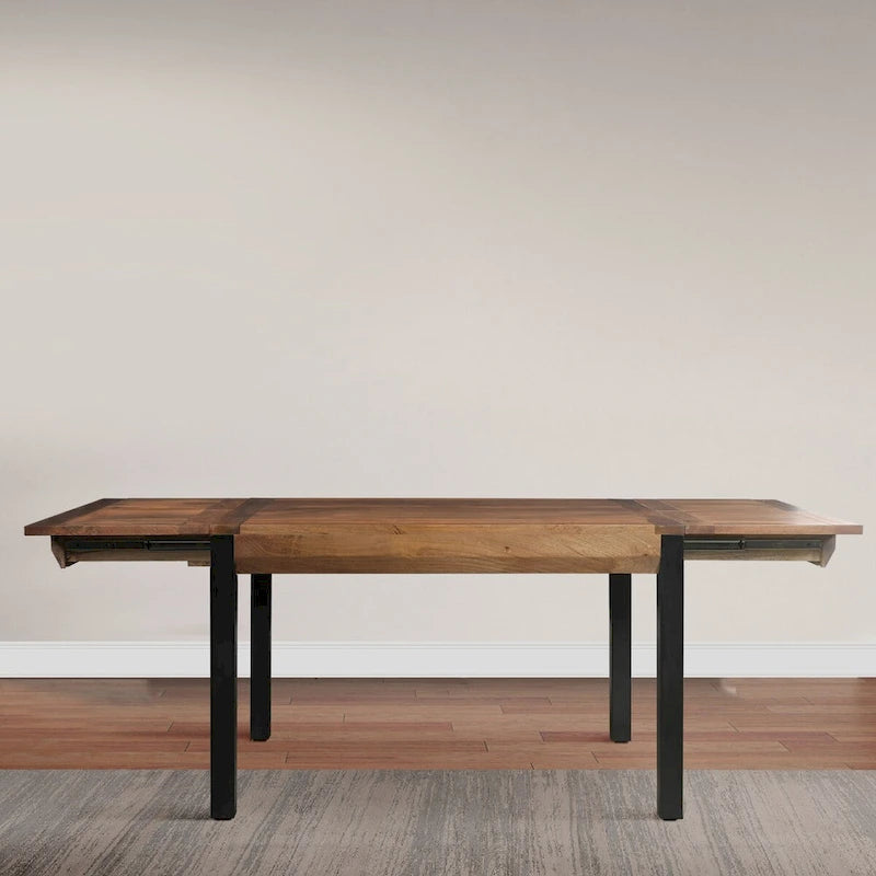 Table à manger rectangulaire extensible avec plateau en bois de manguier et pieds en fer noir