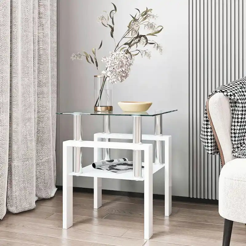 Table basse carrée en verre trempé avec pieds en métal