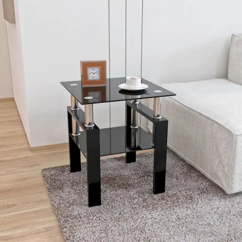Table basse carrée en verre trempé avec pieds en métal