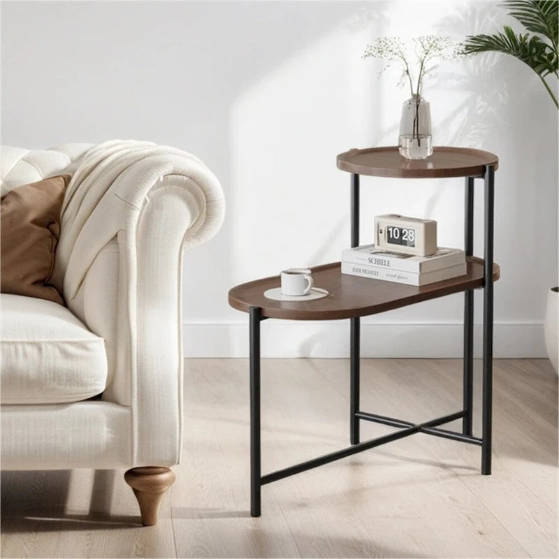Table d'appoint ronde à 2 niveaux avec étagère de rangement