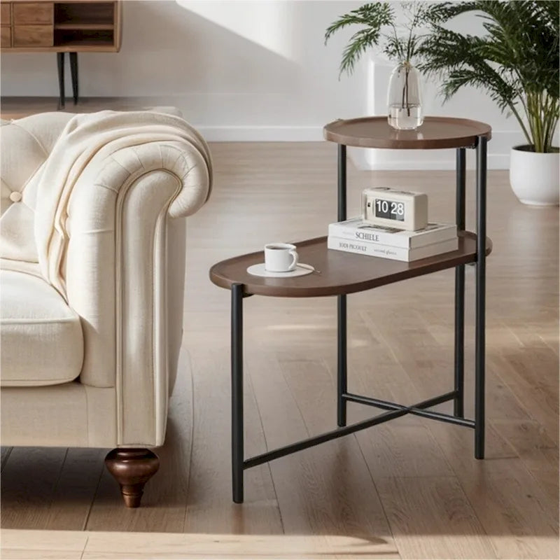 Table d'appoint ronde à 2 niveaux avec étagère de rangement