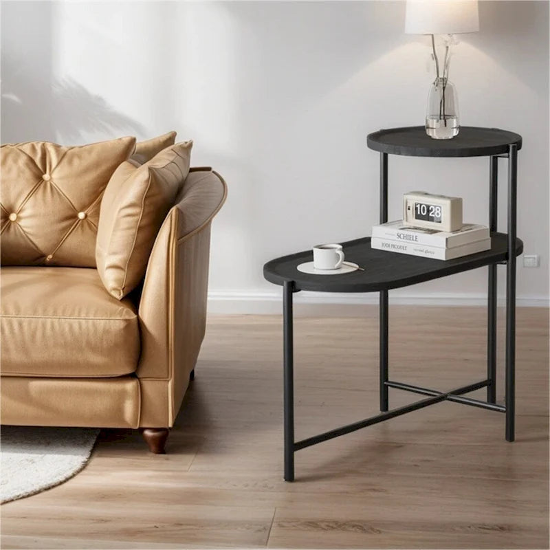 Table d'appoint ronde à 2 niveaux avec étagère de rangement