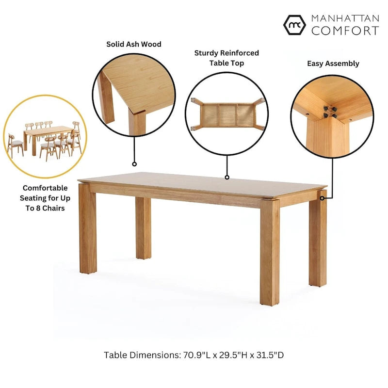 Table à manger rectangulaire en bois massif, 180 cm, 8 places
