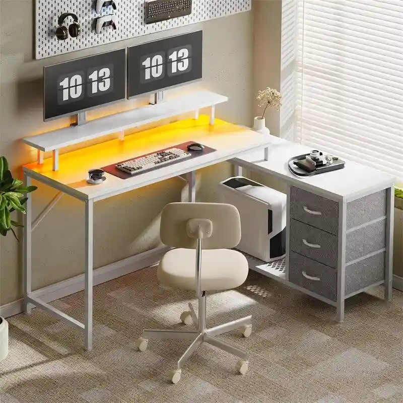 Bureau d'angle en L avec éclairage LED et rangements