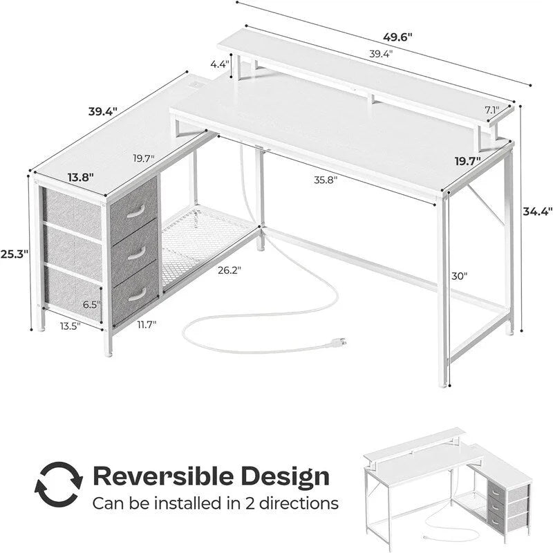 Bureau d'angle en L avec éclairage LED et rangements