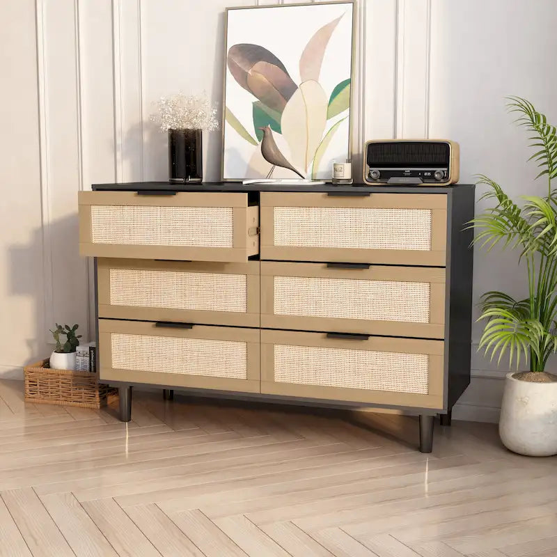 Commode en rotin à 6 tiroirs avec cadre en bois