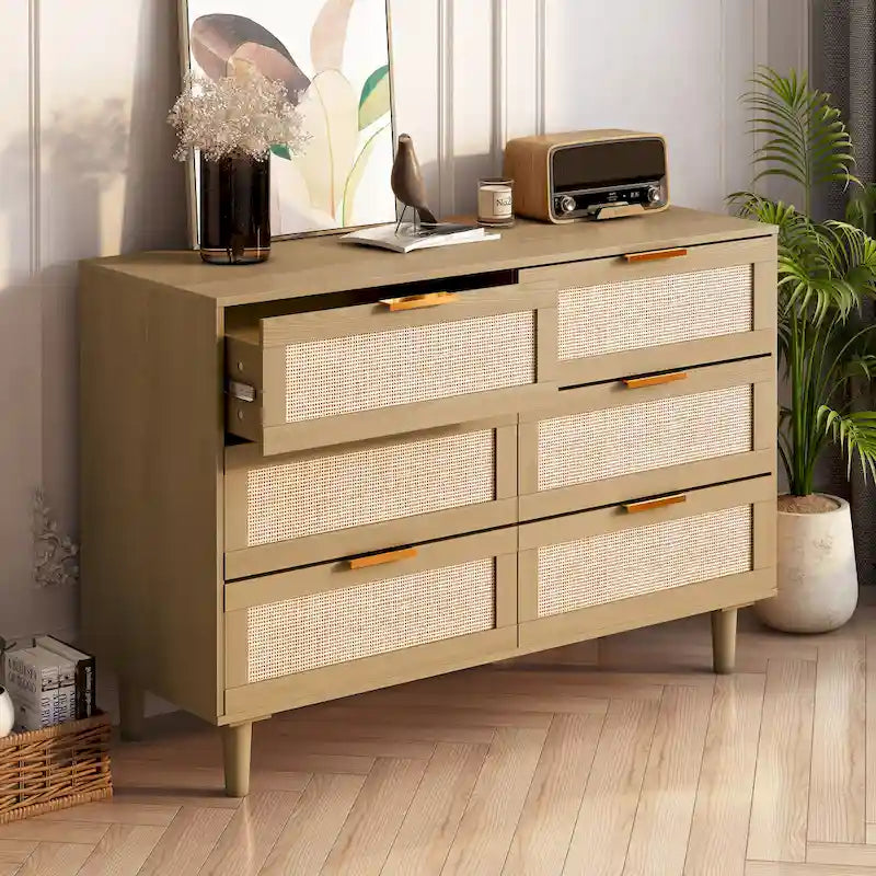 Commode en rotin à 6 tiroirs avec cadre en bois
