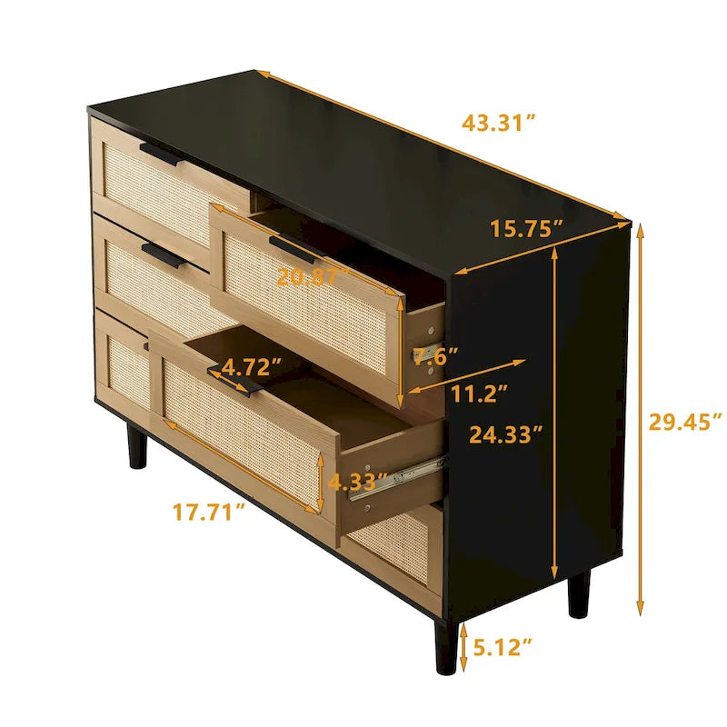 Commode en rotin à 6 tiroirs avec cadre en bois